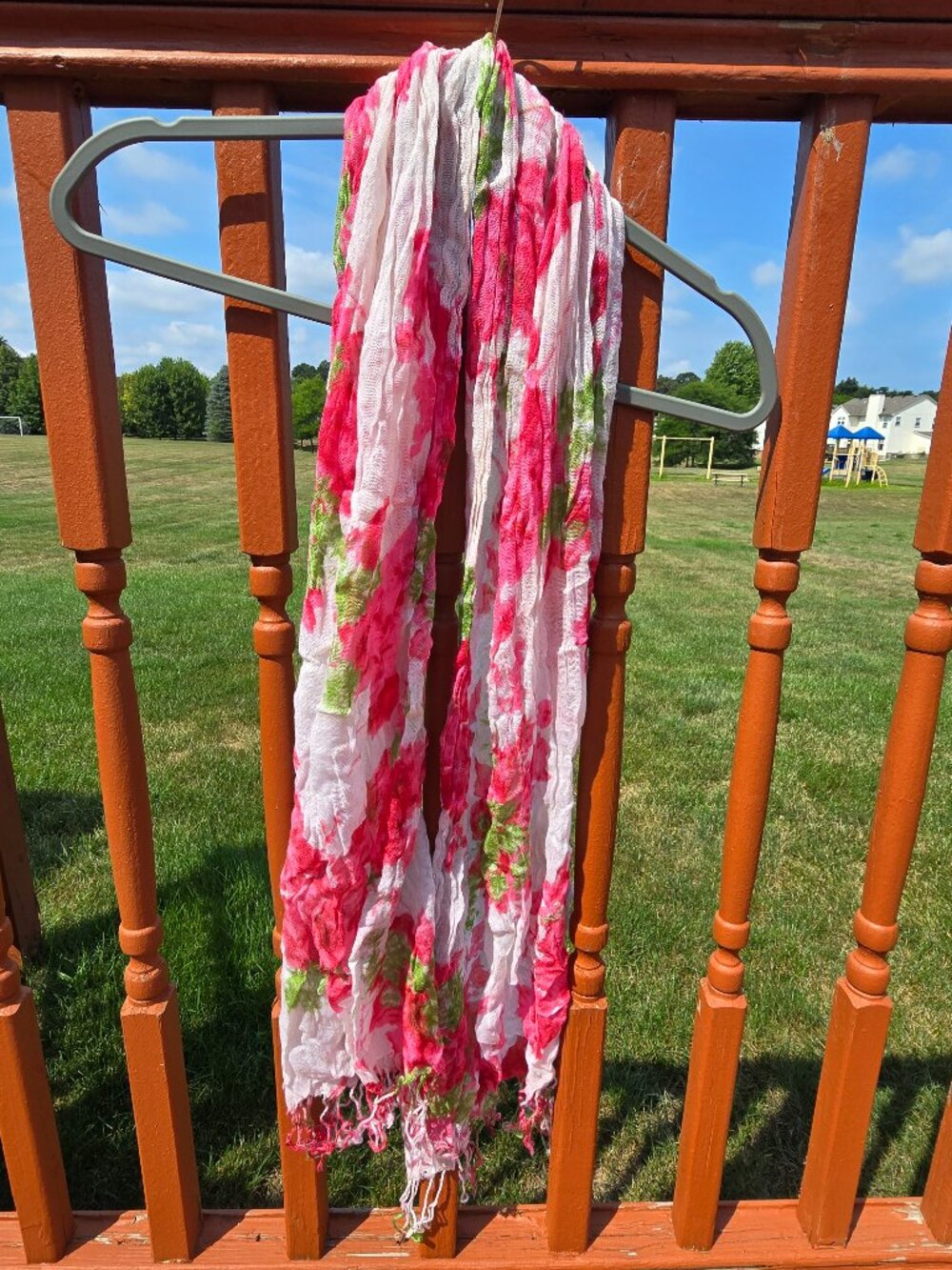 Pink Green Floral Crinkled Lightweight Scarf Fringe Hem Summer Wrap Shawl